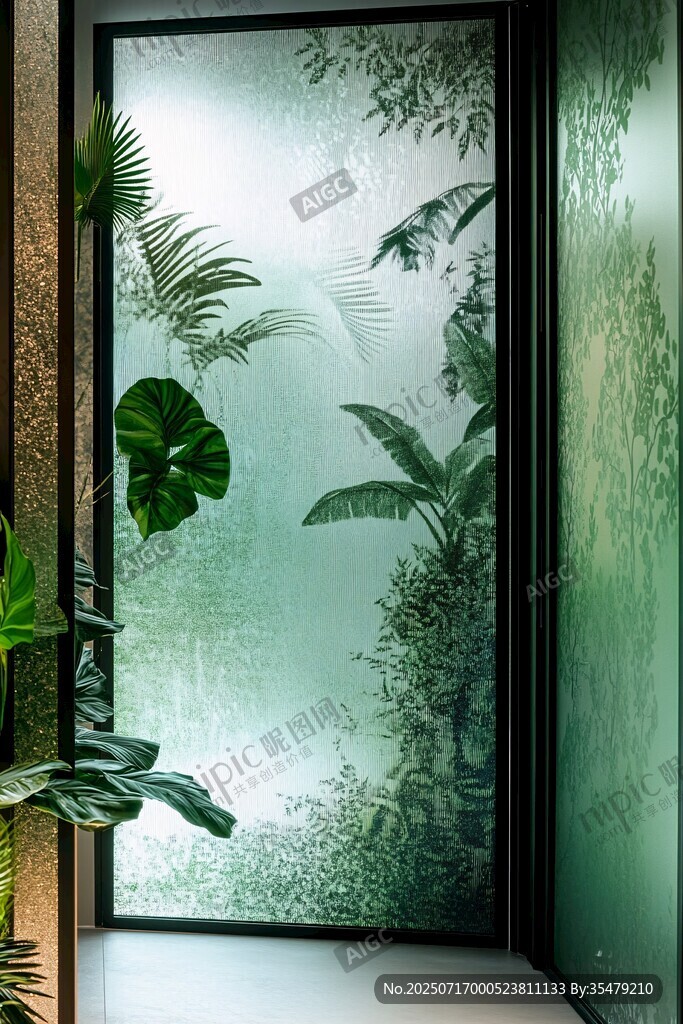 玻璃门后的热带植物景致