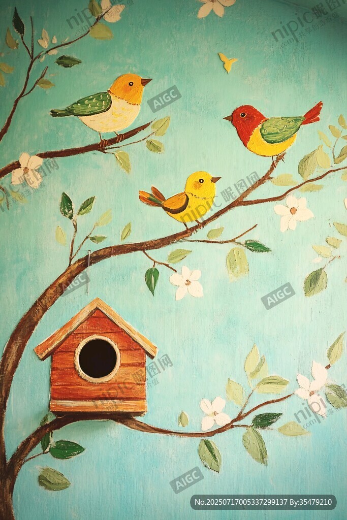 枝头小鸟与木屋温馨画面