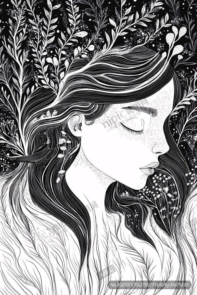 梦幻女孩与繁茂植物线条画