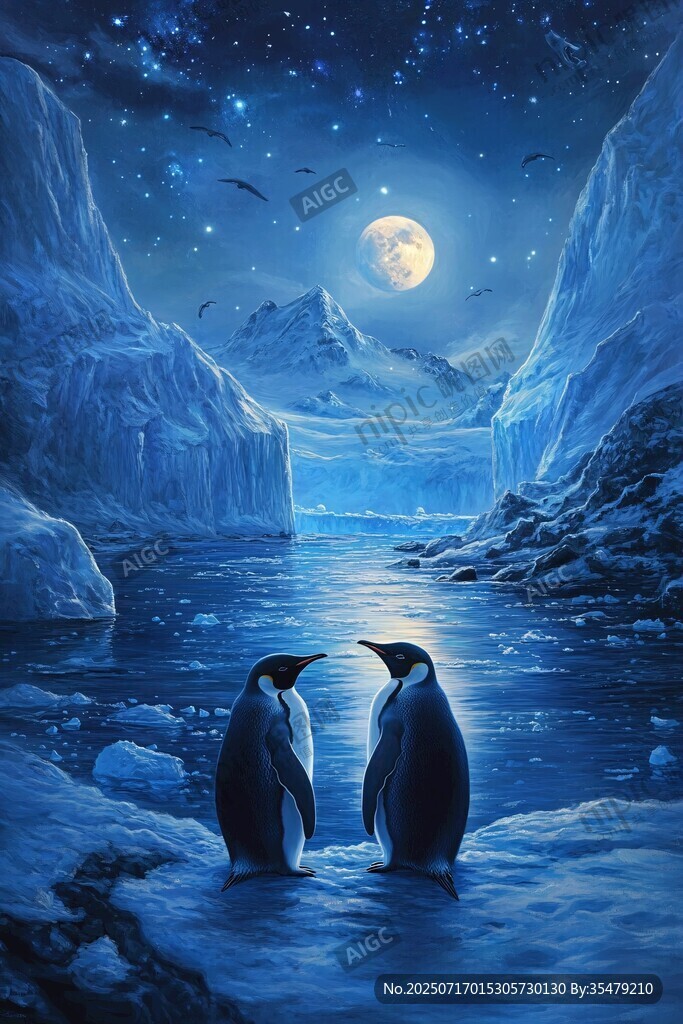 月夜下的企鹅浪漫冰雪景