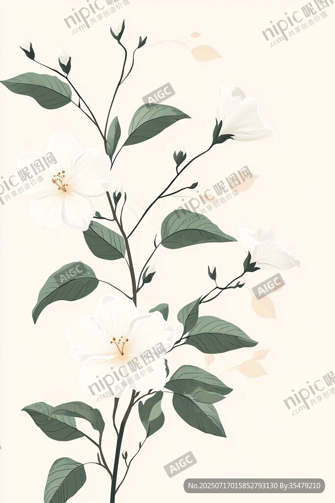 手绘清新茉莉花枝插画