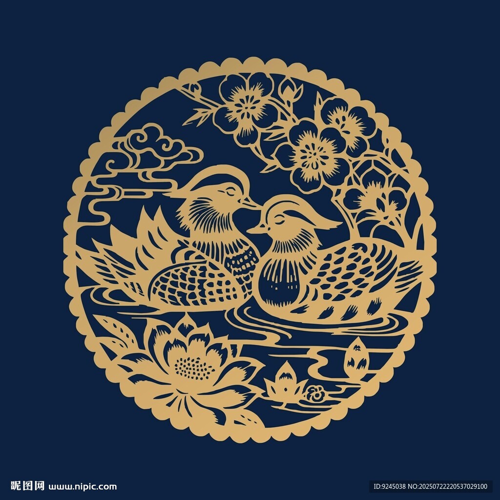 中式金纹鸳鸯荷花圆形图案