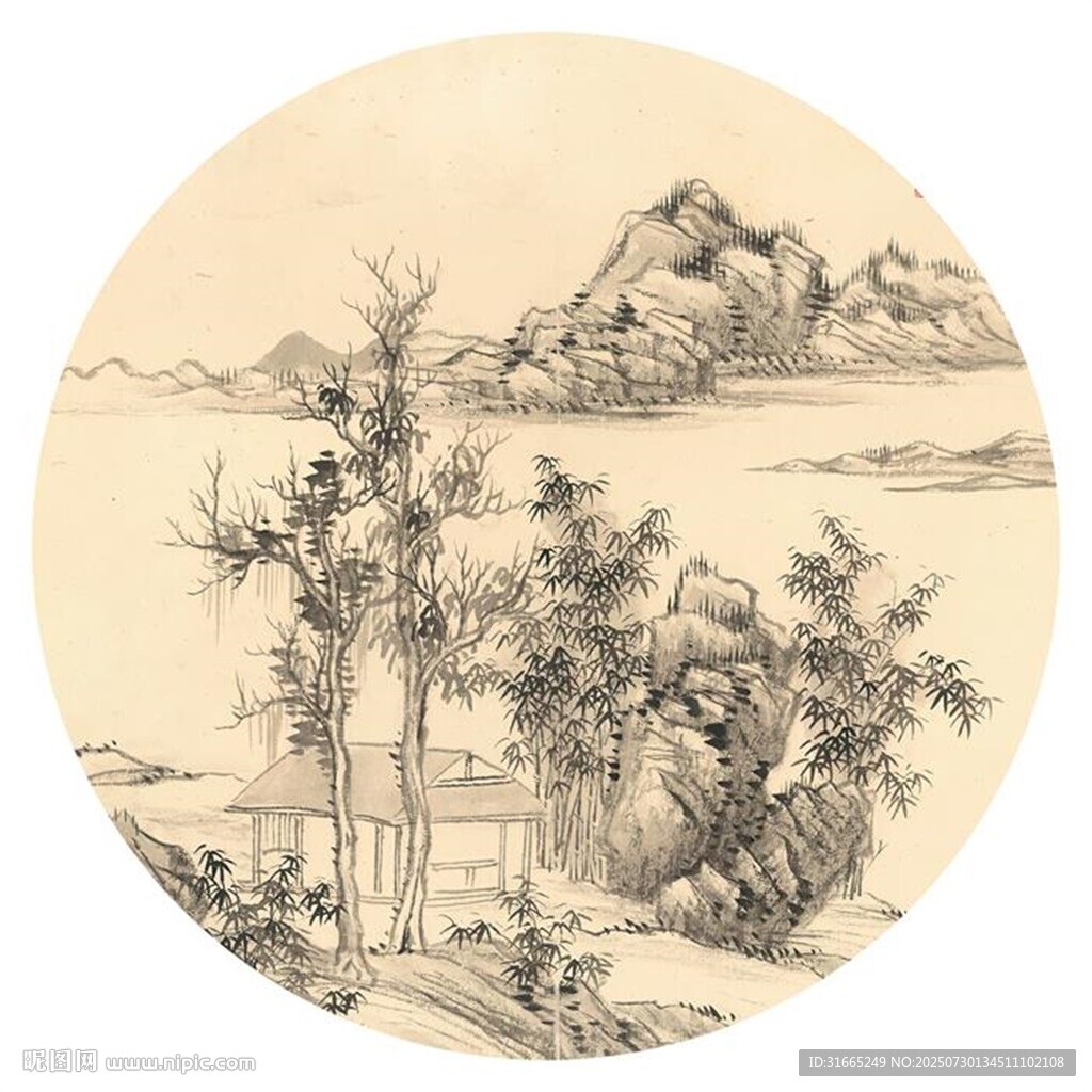新中式水墨山水圆形装饰画