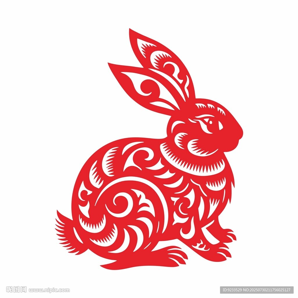 红色剪纸风可爱兔子图案