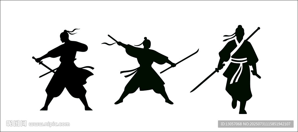 三位持械武者剪影