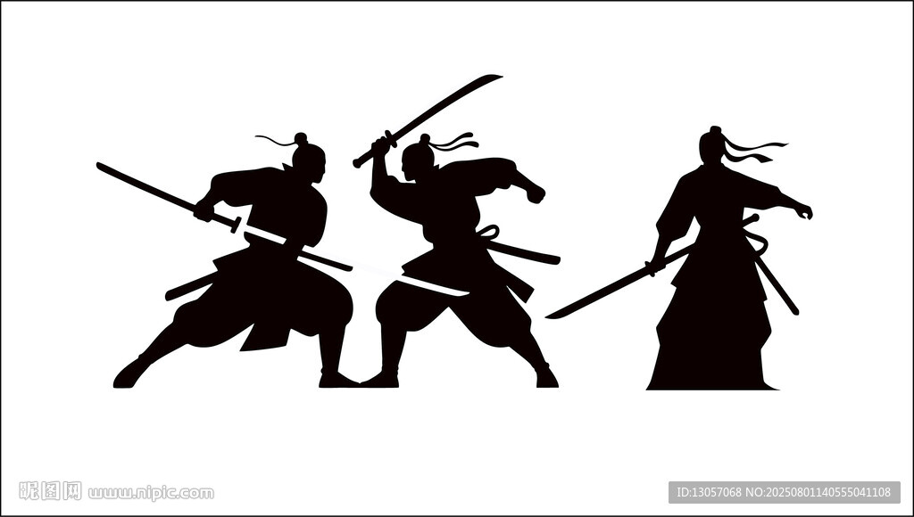 三位武士持剑战斗剪影