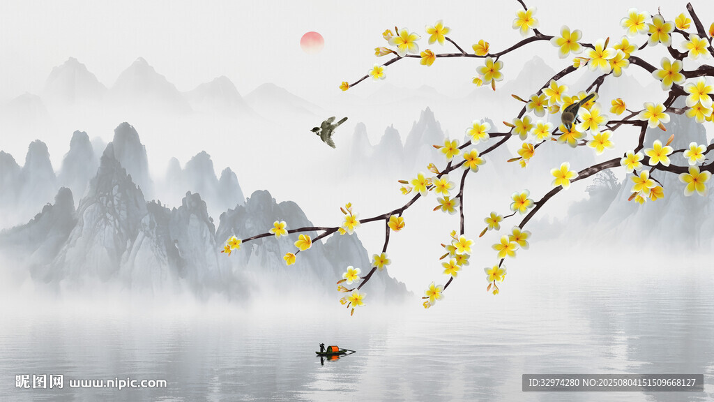 花鸟水墨背景墙