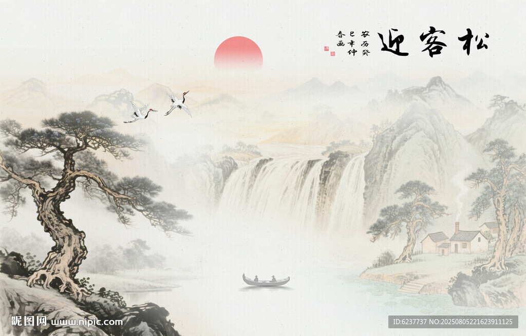 新中式迎客松背景墙