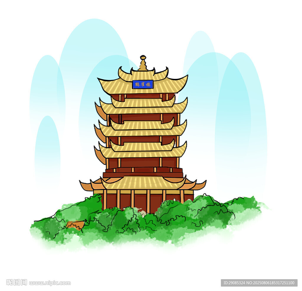 古风多层宝塔鹤雀楼插画