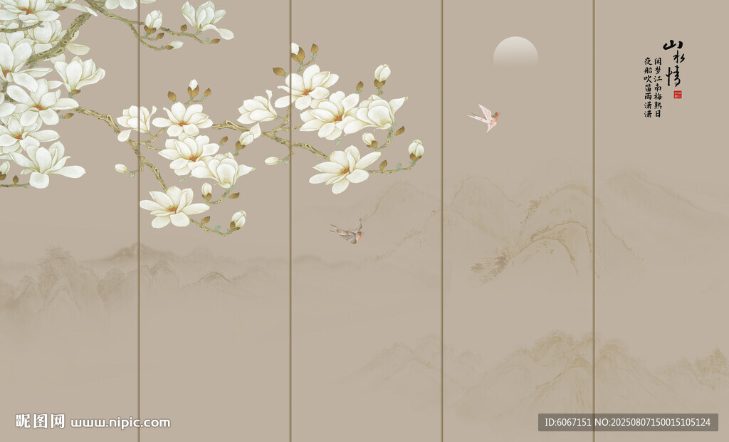 新中式工笔兰花花鸟画背景墙