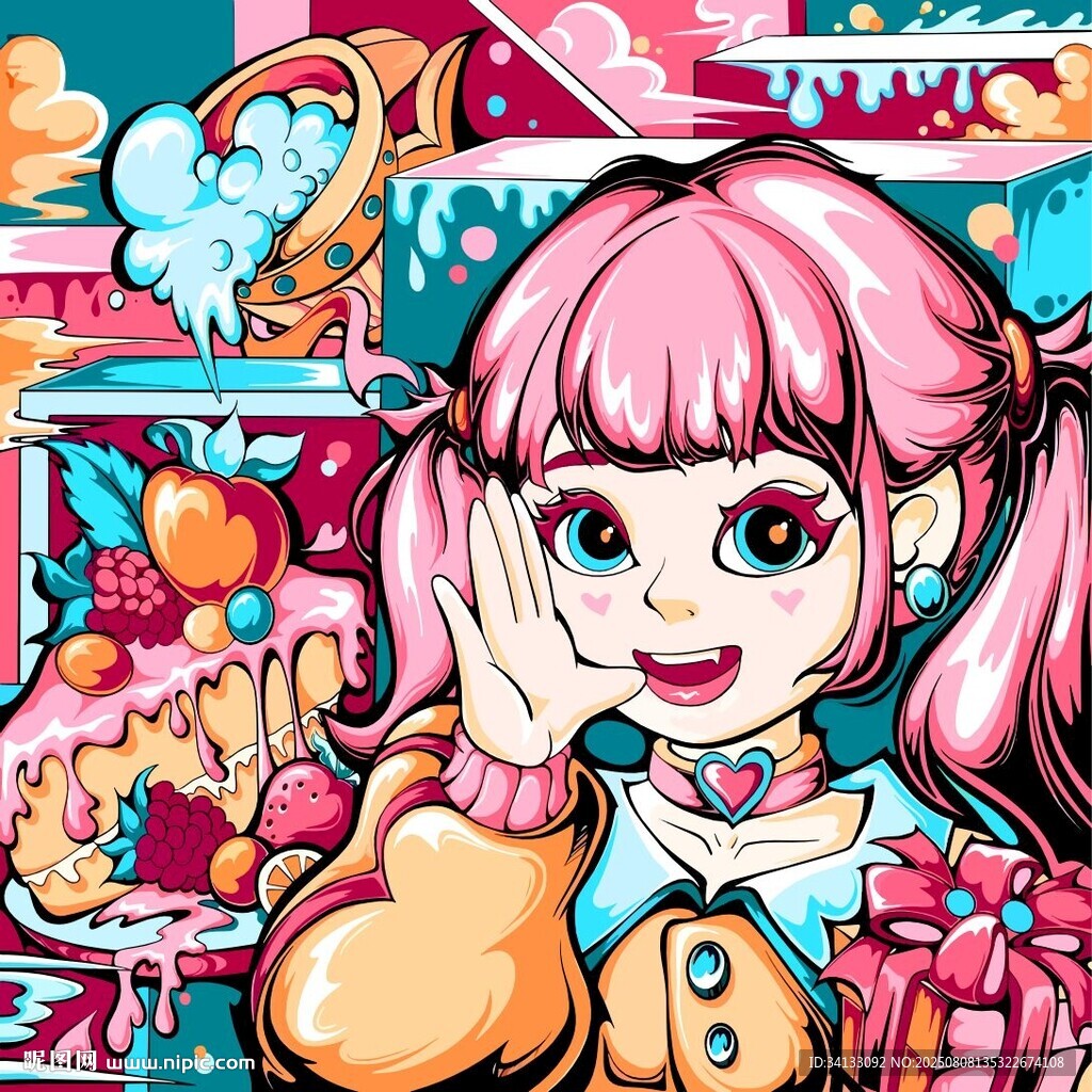 卡通甜美双马尾少女梦幻世界插画
