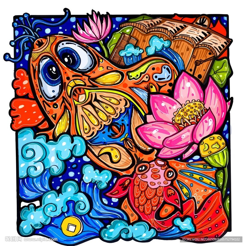 年年有余中式鲤鱼莲花图案插画