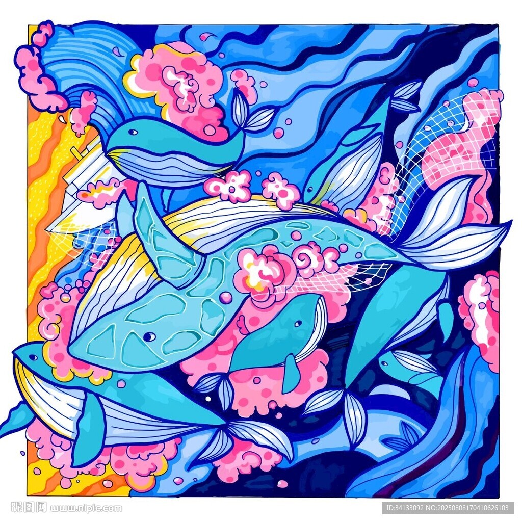 梦幻海洋生物鲸鱼插画