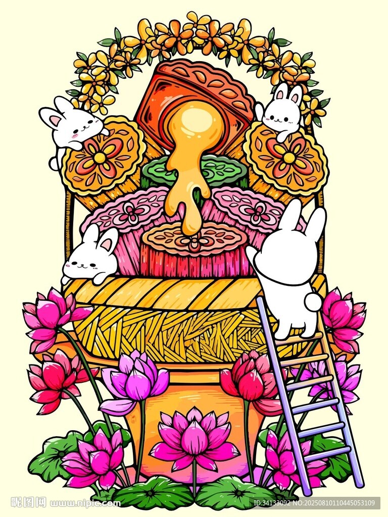 中秋玉兔月饼贺月插画