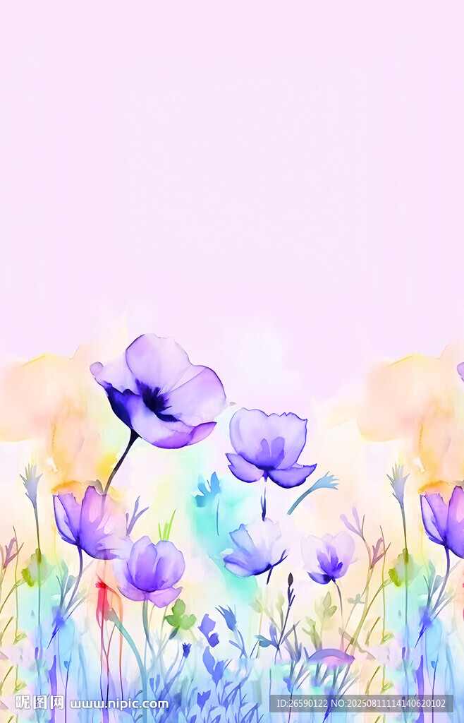 梦幻紫色花卉水彩插画