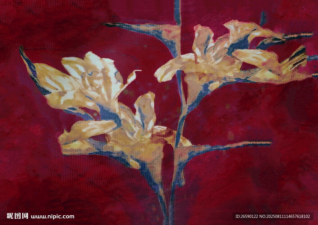 红色背景下的花卉画作