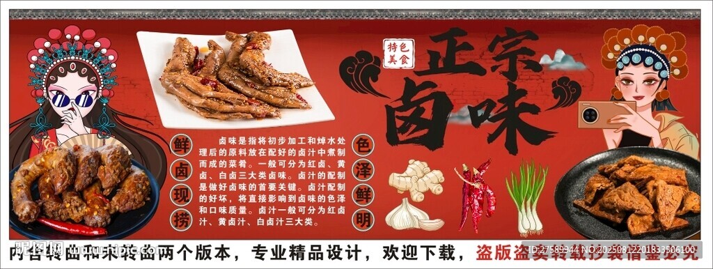 国潮卤味卤菜店背景墙装饰画