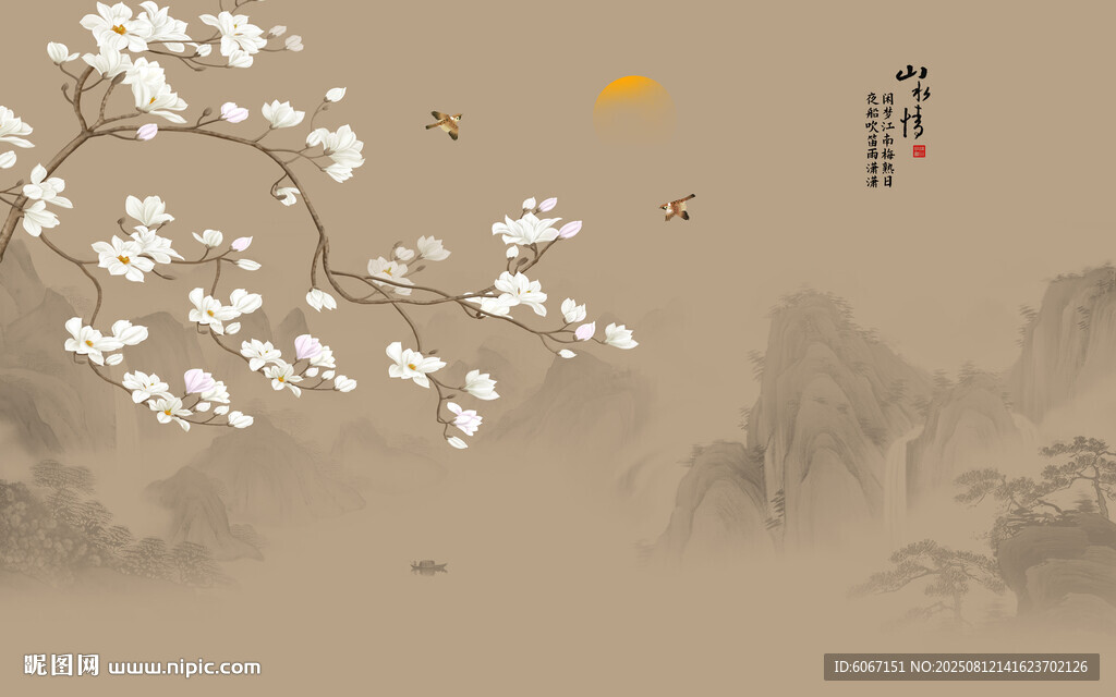 新中式工笔花鸟画背景墙