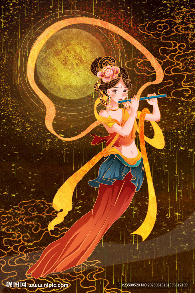 敦煌飞天神女弹奏乐器插画