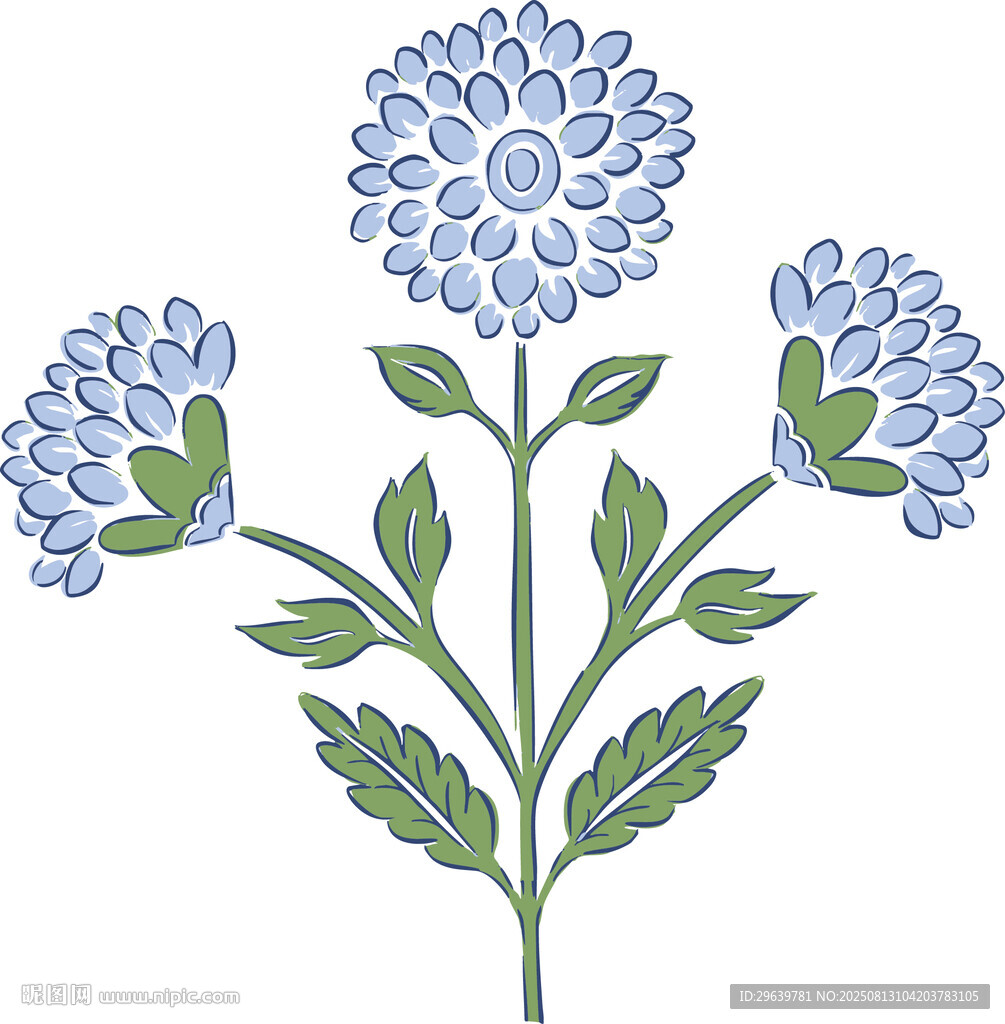 蓝色花卉植物插画图案