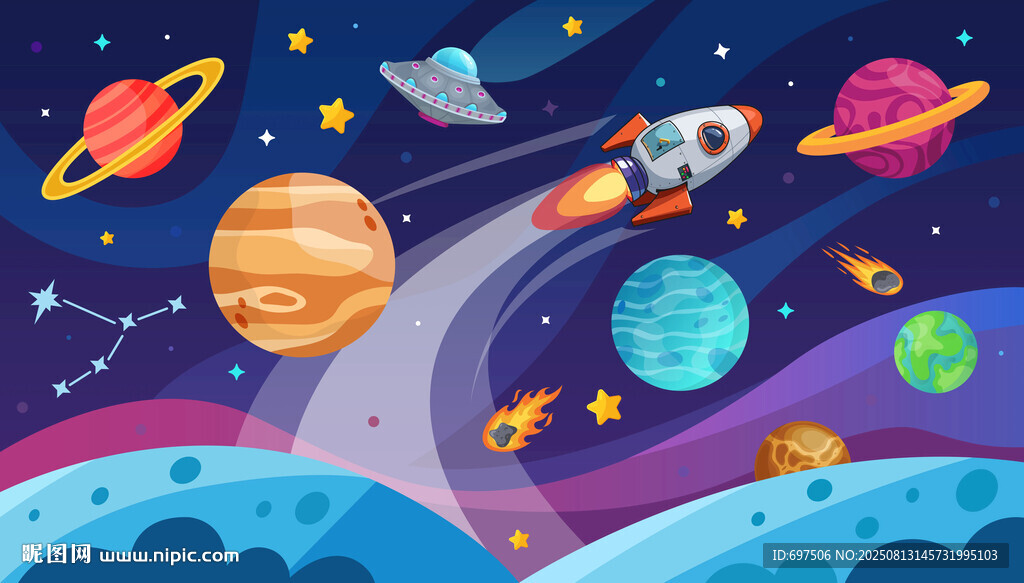 梦幻宇宙卡通星球太空火箭背景墙