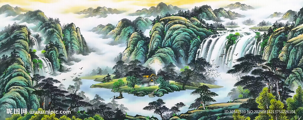 客厅流水生财山水画
