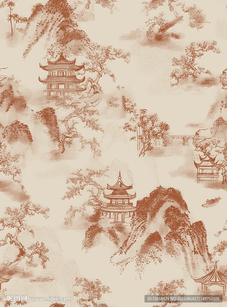 中式山水纹壁纸图案