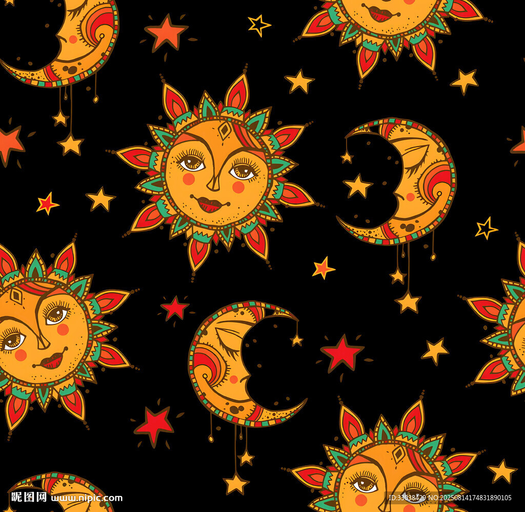 太阳月亮星星黑色背景图案