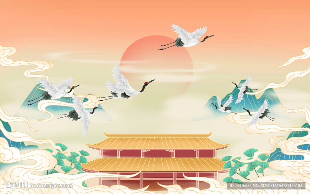 国风山水仙鹤