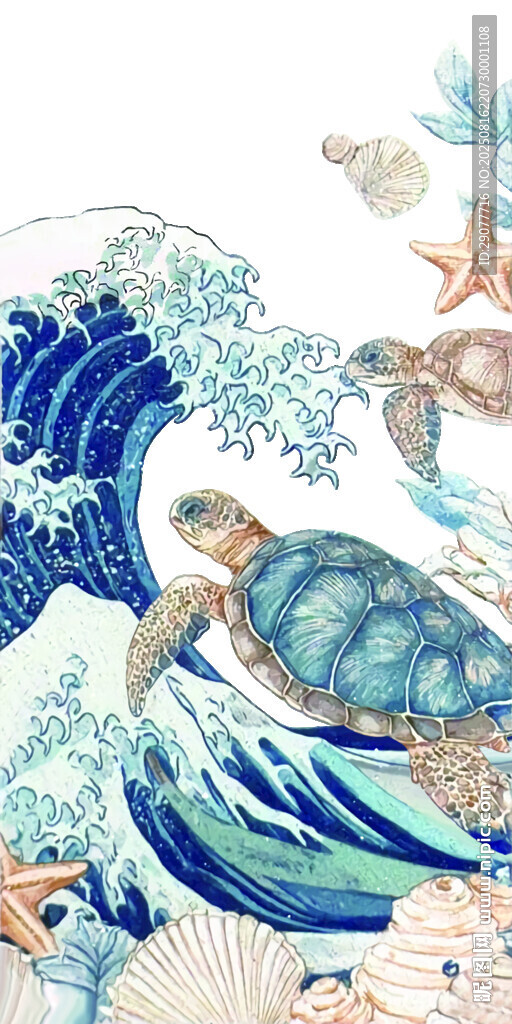 海洋海龟与浪花插画