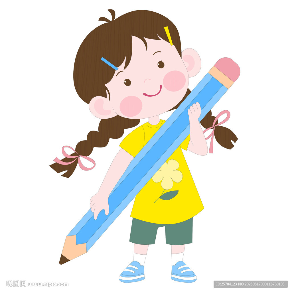可爱儿童女孩拿着铅笔教育插画