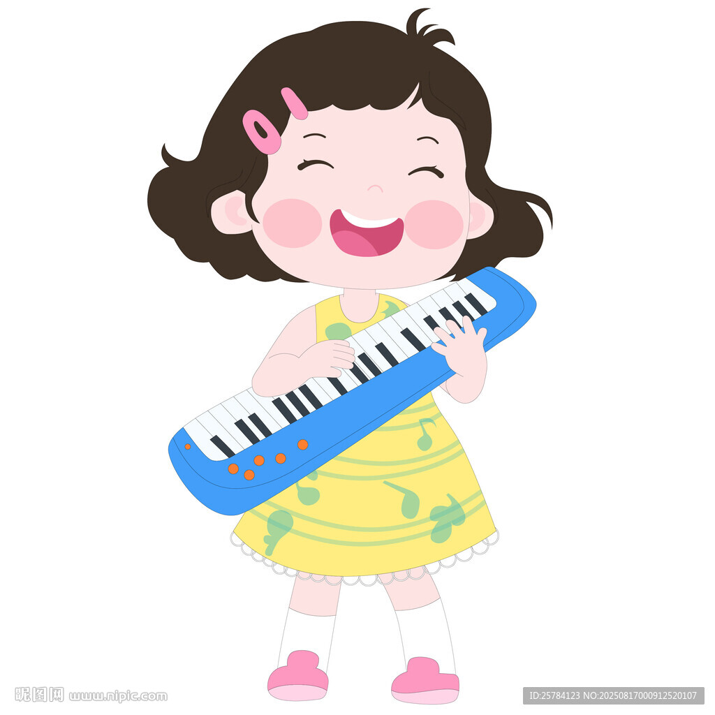 抱着电子钢琴开心歌唱的女孩插画