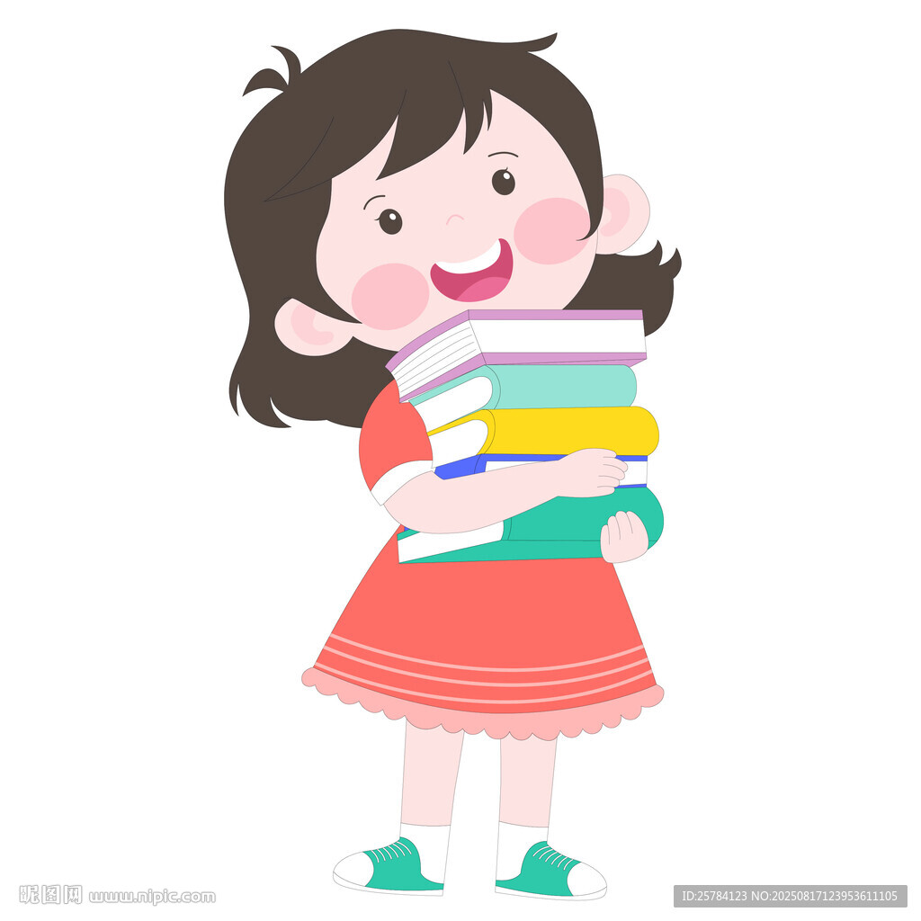 穿着泡泡裙拿着一摞书的女孩插画