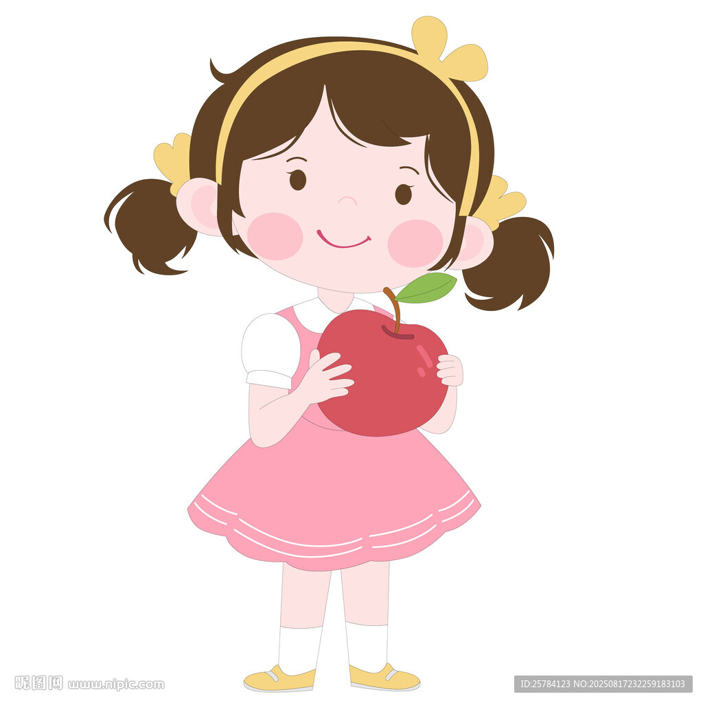 穿着泡泡裙拿着苹果的女孩插画
