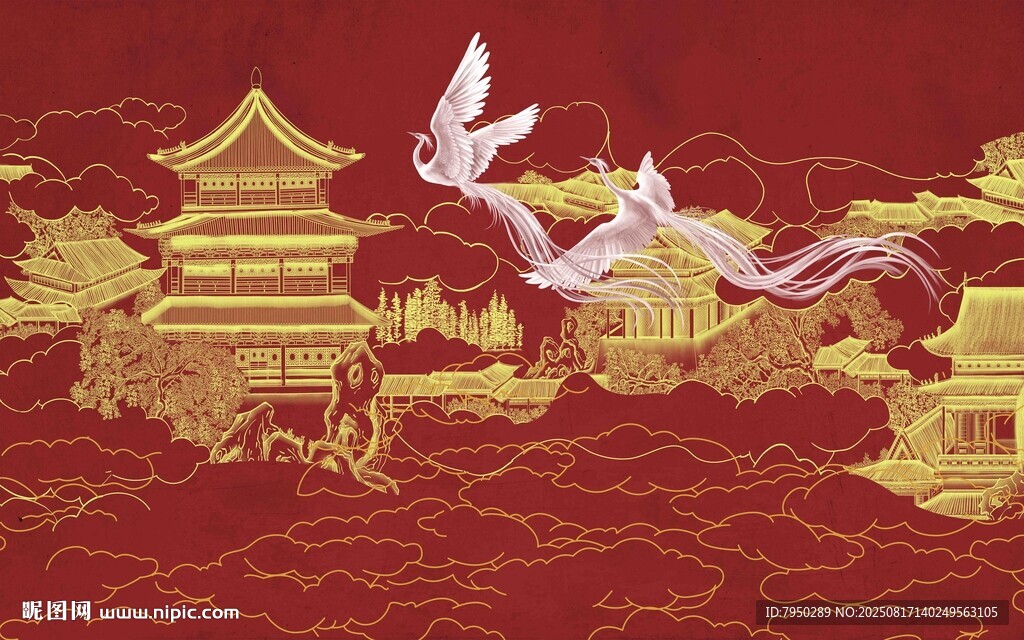 中式古典金红祥瑞风景图