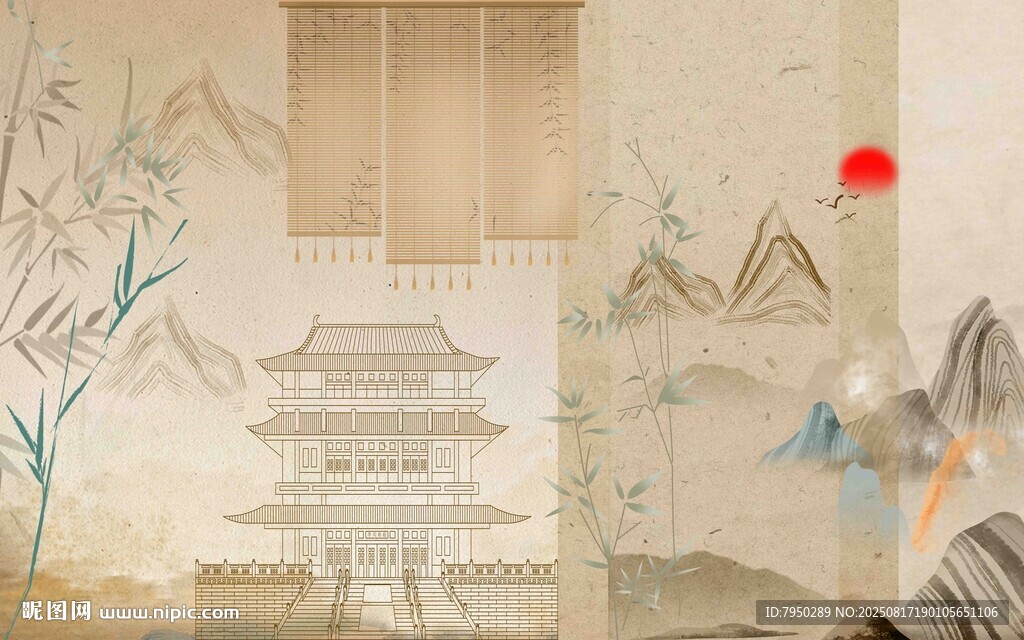 中式古风山水楼阁插画