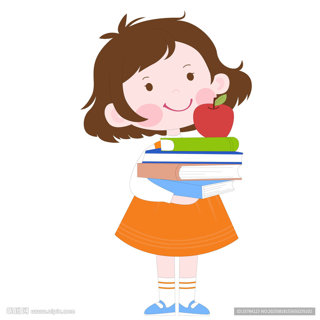 开学季拿着一摞书和苹果的女孩
