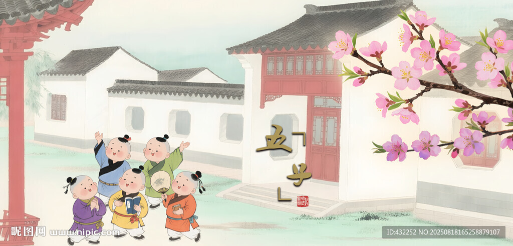 古风庭院孩童嬉戏场景