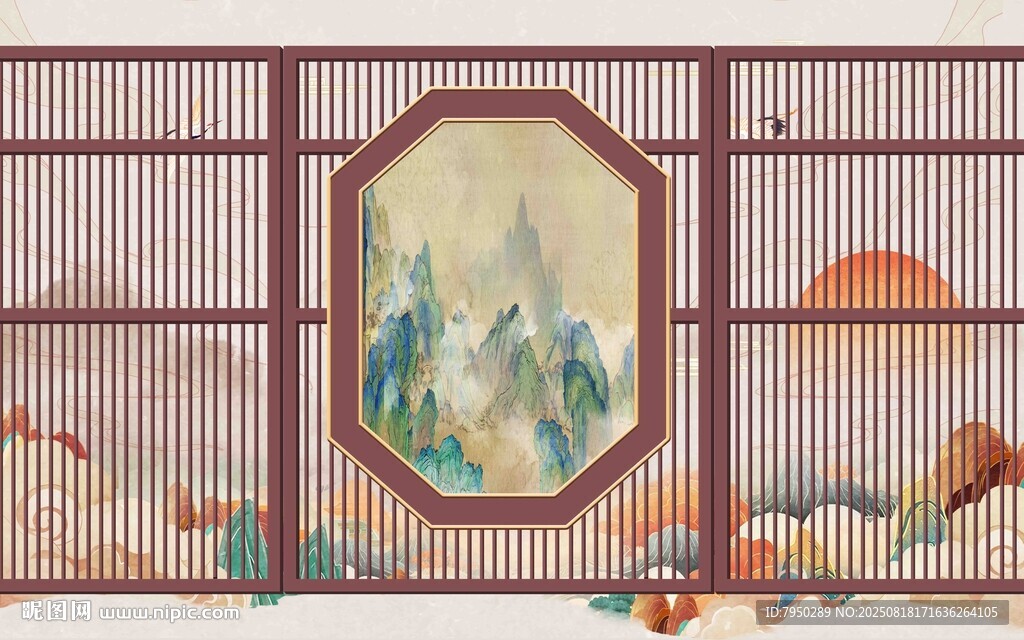 中式屏风上的山水花鸟图景