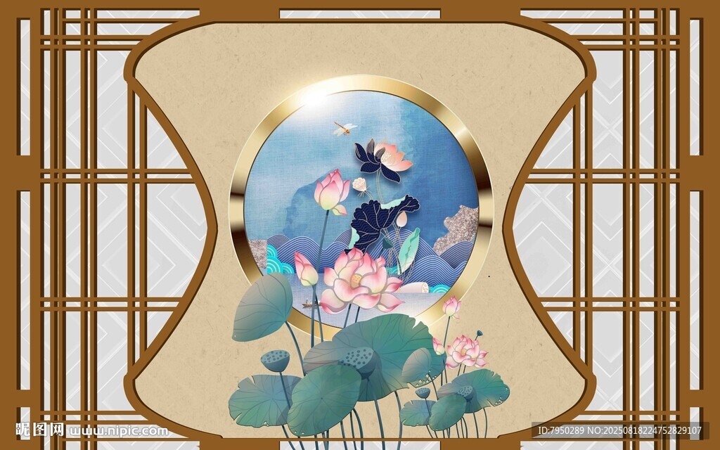 中式屏风上的荷花飞鸟图