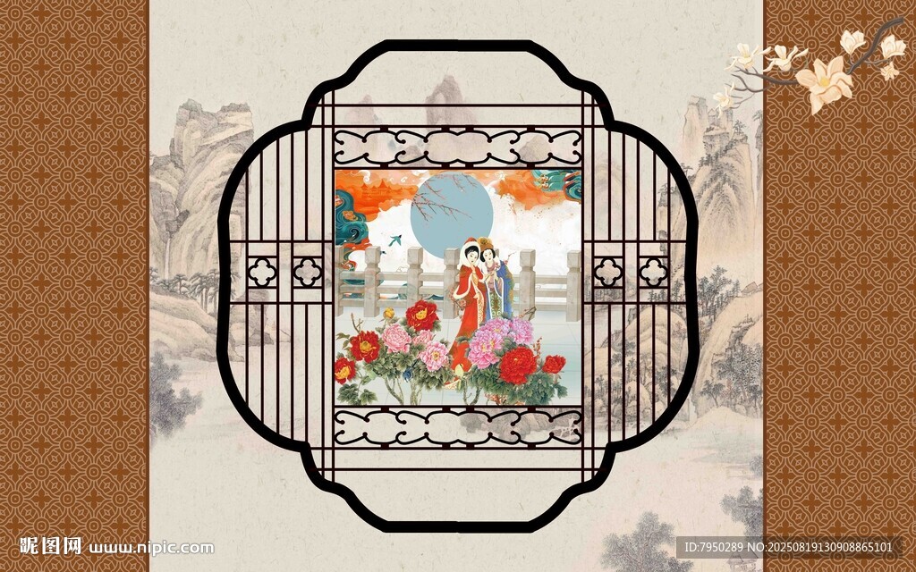 中式窗景花卉图