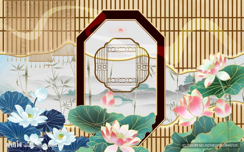 中式窗景下的荷花雅致图