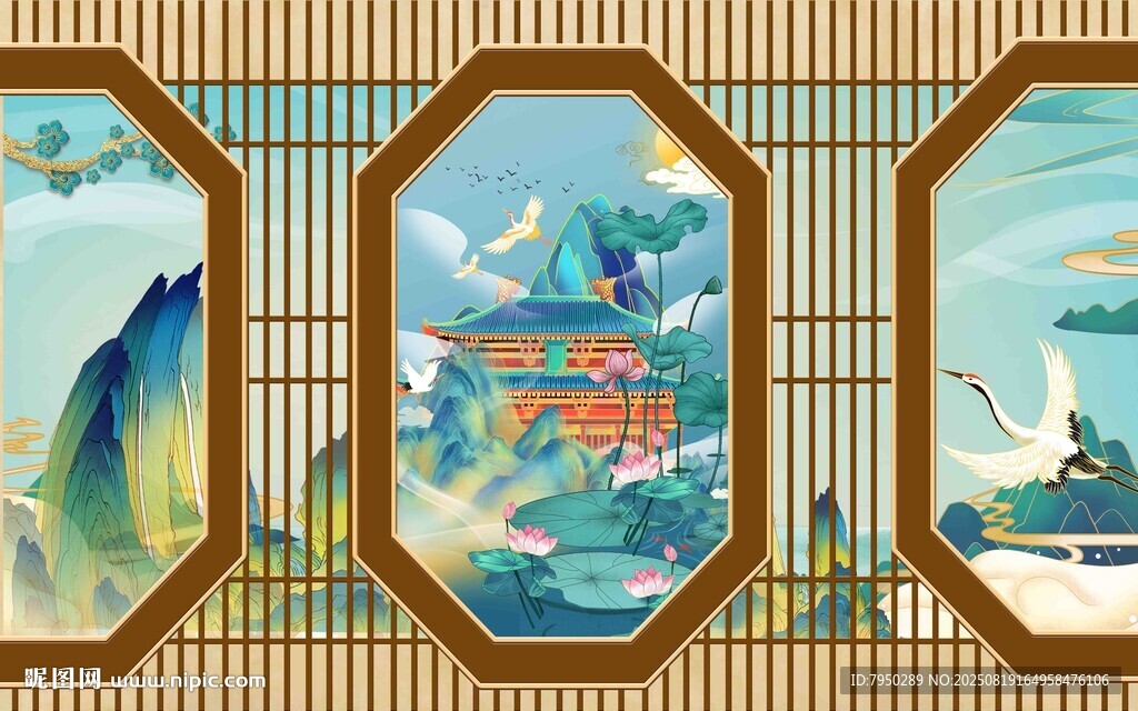 中式屏风山水花鸟装饰画