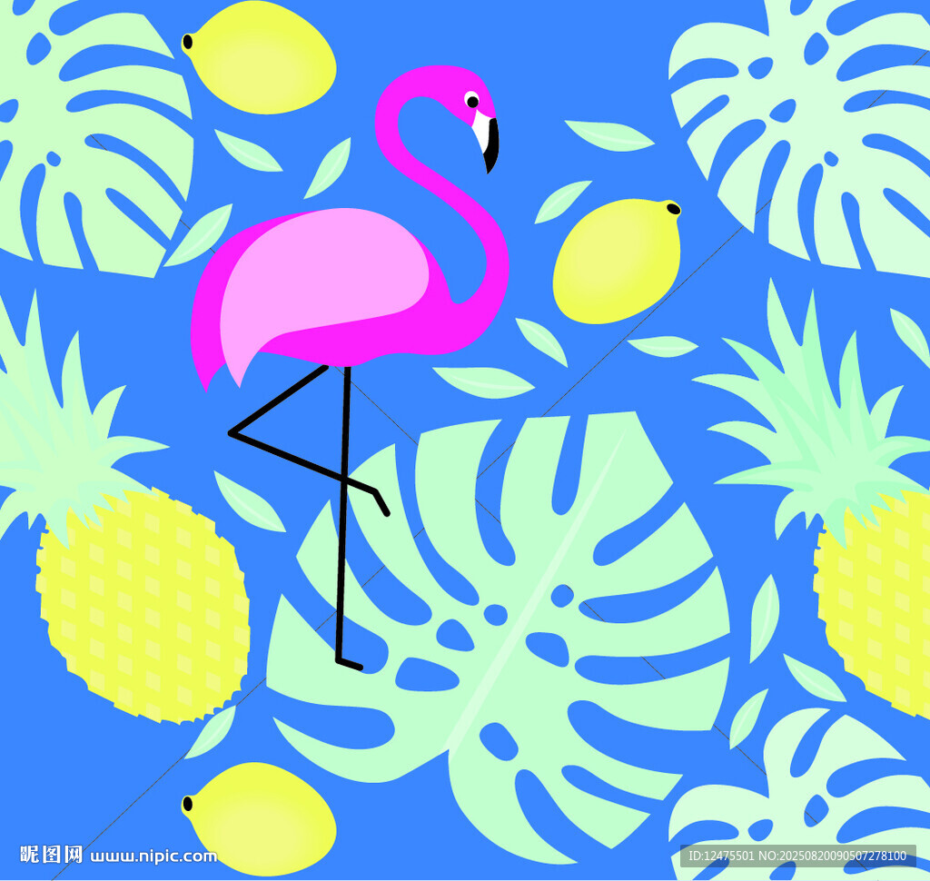 火烈鸟与菠萝的夏日图案
