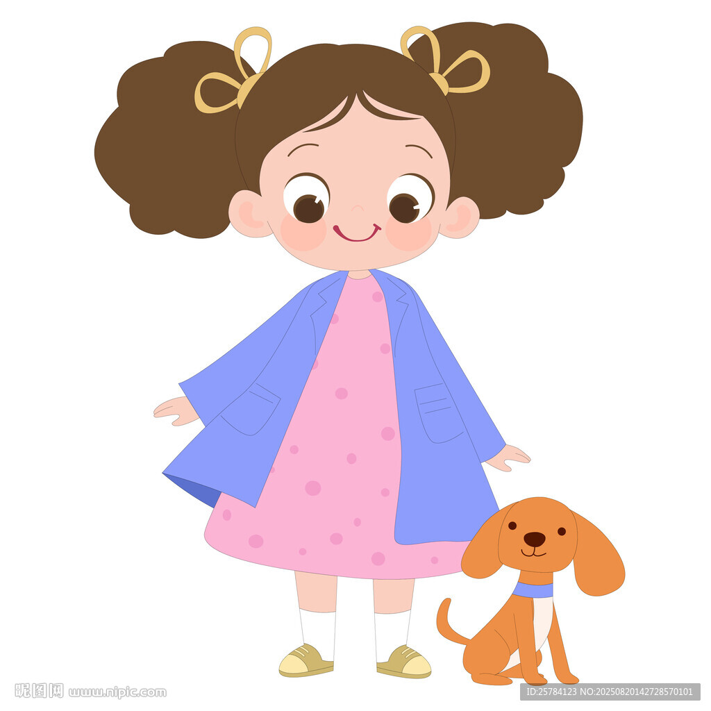 卡通风儿童遛狗女孩教育插画
