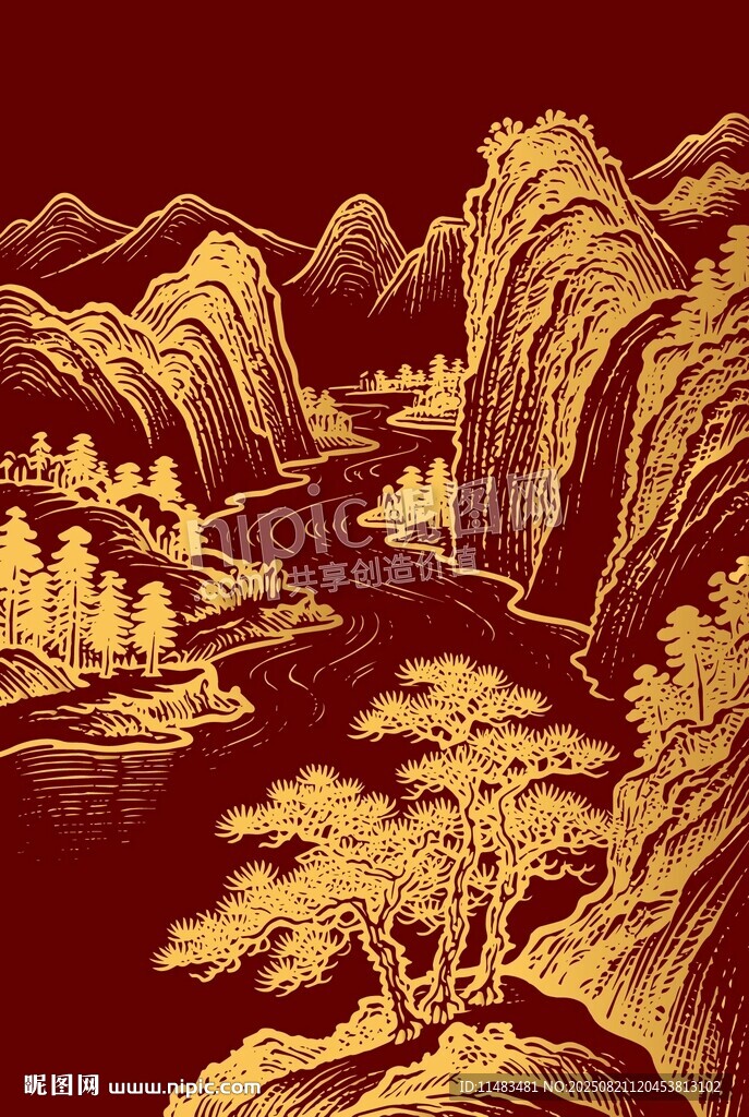 金色秀丽风光山水画