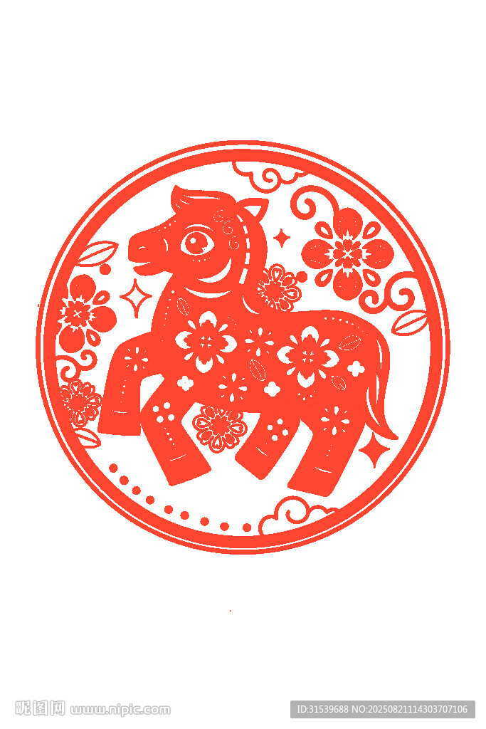 马年圆形红色新年马形象剪纸元素
