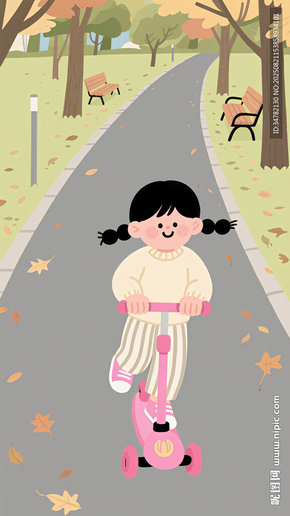 秋日女孩快乐滑滑板
