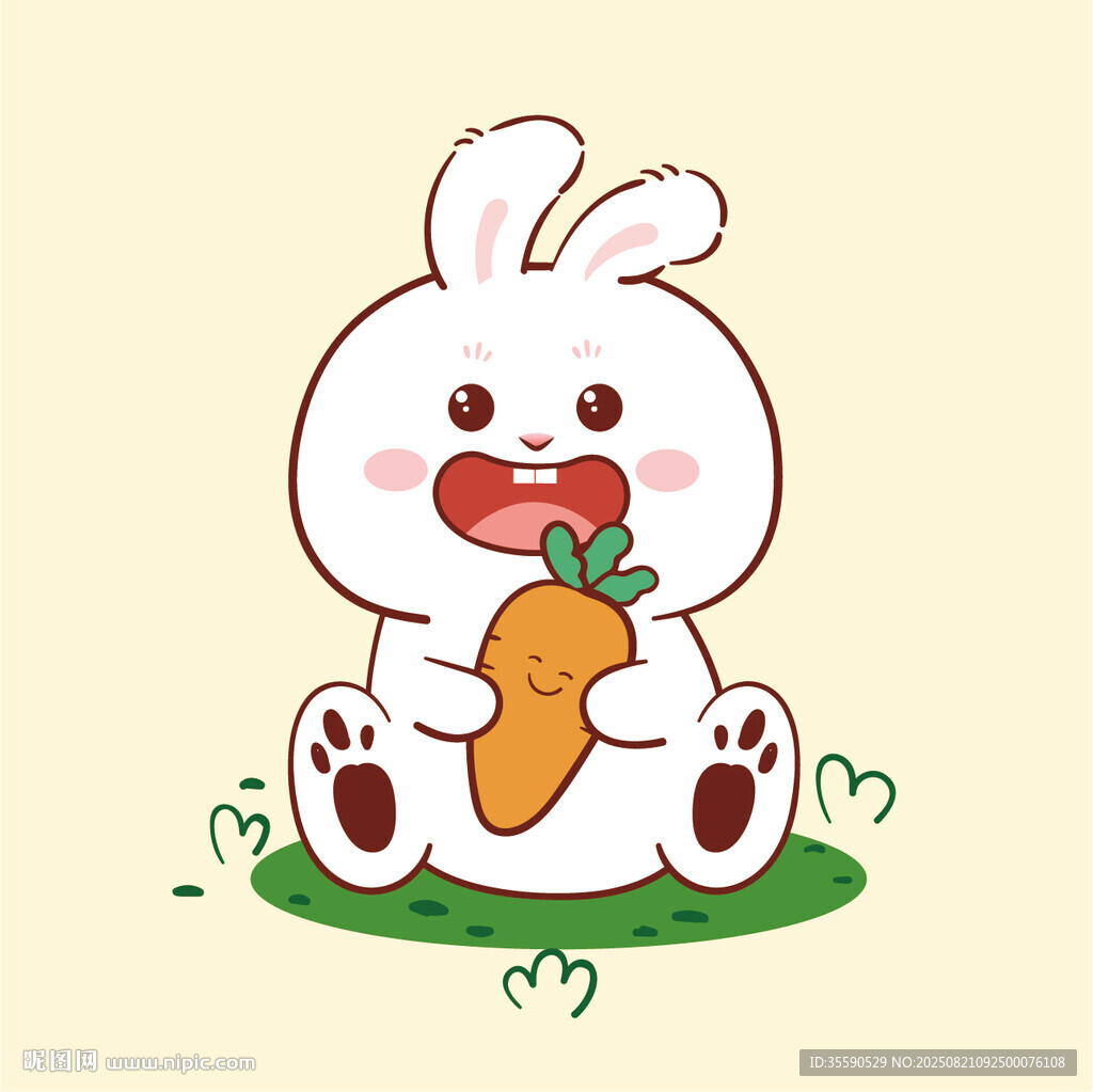 可爱白兔抱胡萝卜坐草地