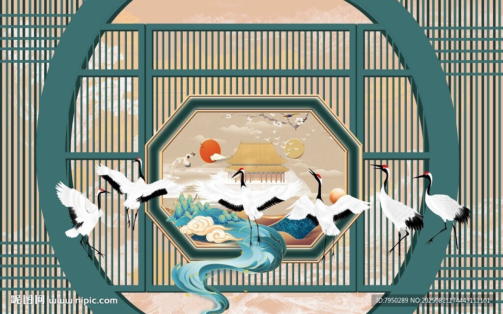 中式窗景下的白鹤与山水